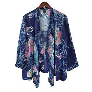 Citron 100% Silk Shawl Collar Kimono Jacket 1X Blue Multicolor Lagenlook